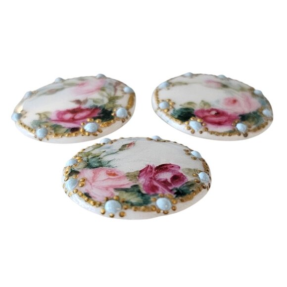 Antique Bone China Round Buttons, Self Shank, Hand Painted Roses, Pink, Blue - Picture 3 of 9